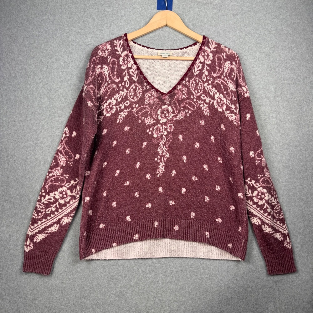 Sundance Sweater Womens XS Burgundy Paisley Floral V Neck Knit Boho Pullover‎